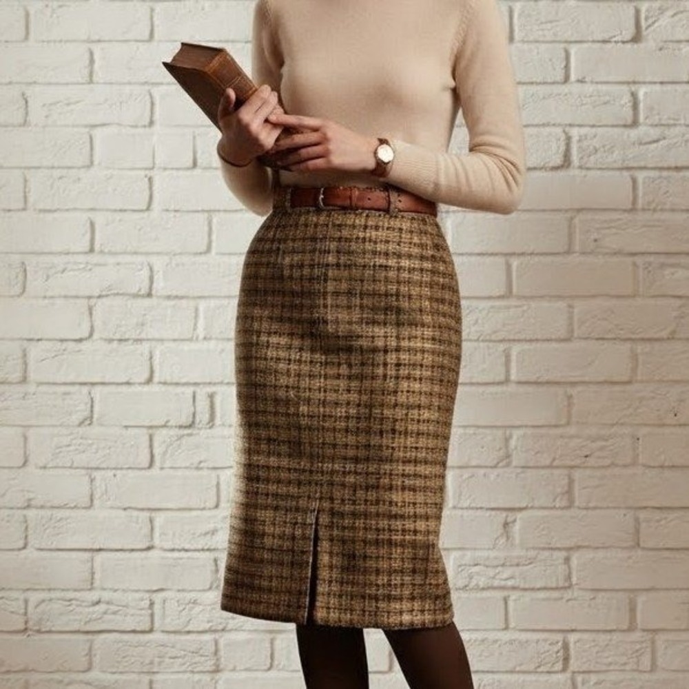 Tweed Pencil Skirt Womens 18 Brown Plaid Wool Blend Vintage *tear in lining